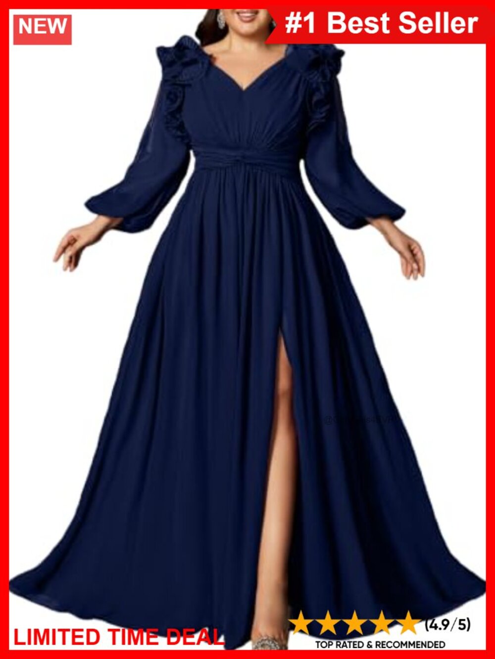 Plus Size Formal Prom Dress Long Lantern Sleeve V-Neck A-Line Chiffon Gown